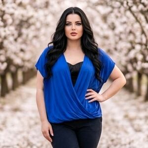 Cato Cobalt Blue Tee Super Soft Wrap Front Plus 22W-24W Jersey Knit Top 3X 22/24